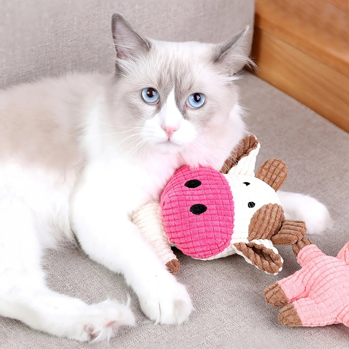 Animal shape plush dog chew toy in multiple colours with bite resistant construction