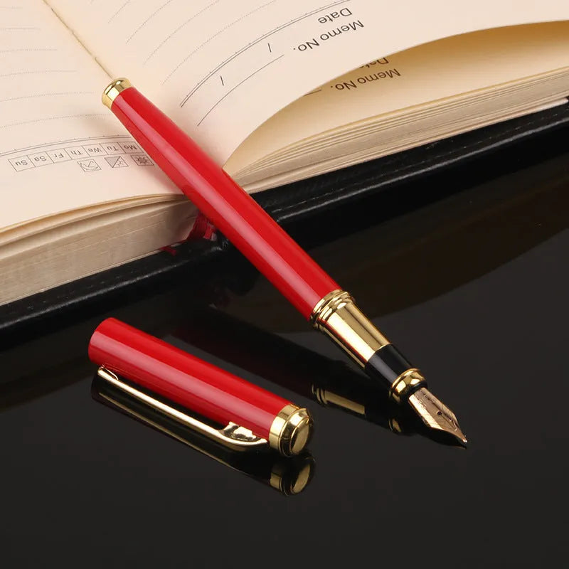 Red and black metal shell fountain pen with 0.5mm nib, shown with gift packaging