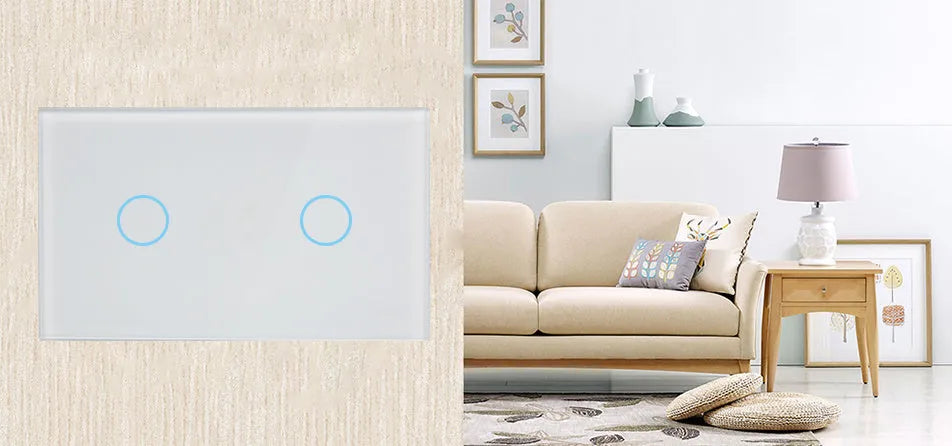 2-gang RF touch light switch with tempered glass panel in white colour showing touch controls