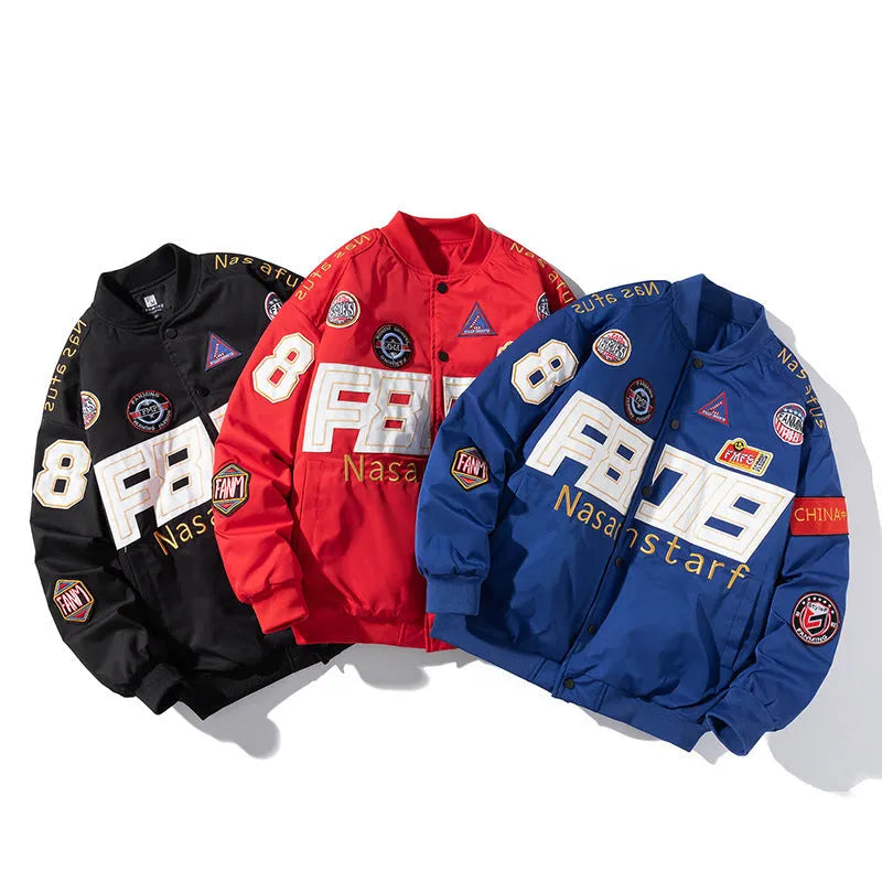 Loose-fit black motorcycle-inspired baseball jacket with side pockets on a hanger.