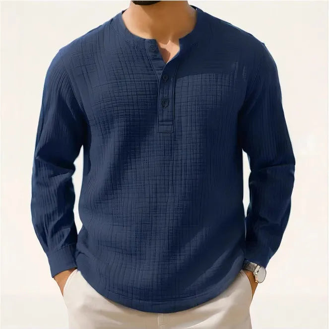 Slim fit long sleeve shirt in linen blend fabric with 3/4 sleeves and round neck, shown in army green.