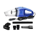 Compact orange handheld vacuum cleaner with nozzle, next to a car's 12V cigarette lighter socket.