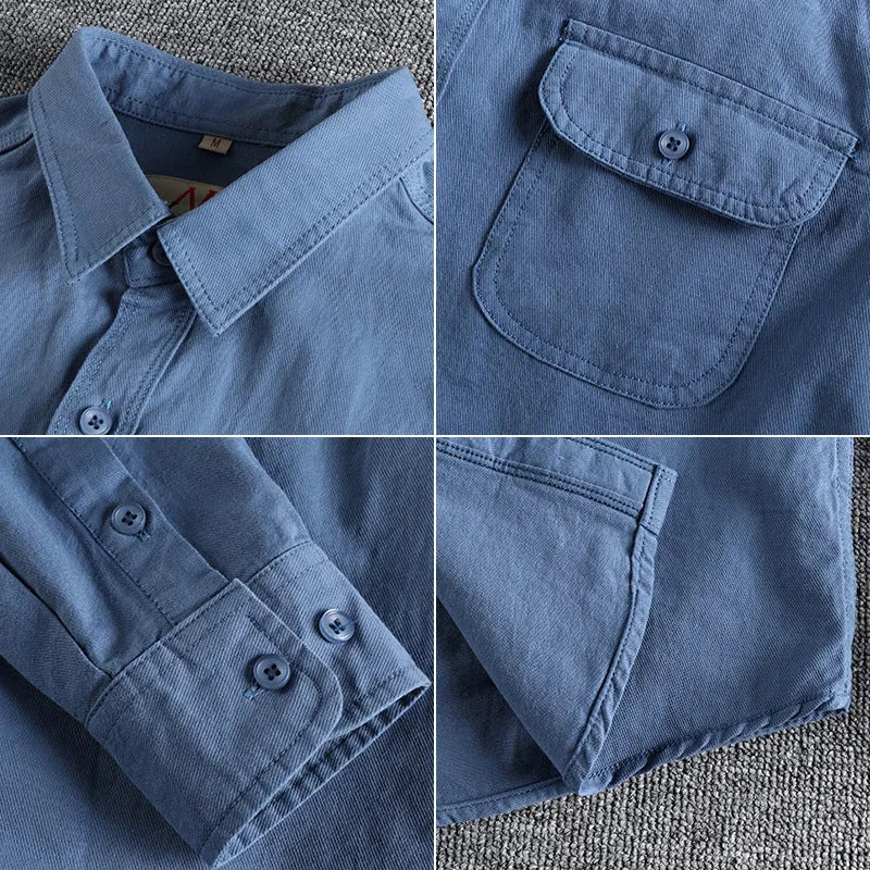 Men's solid colour long sleeve cotton shirt in cardigan style on a hanger.