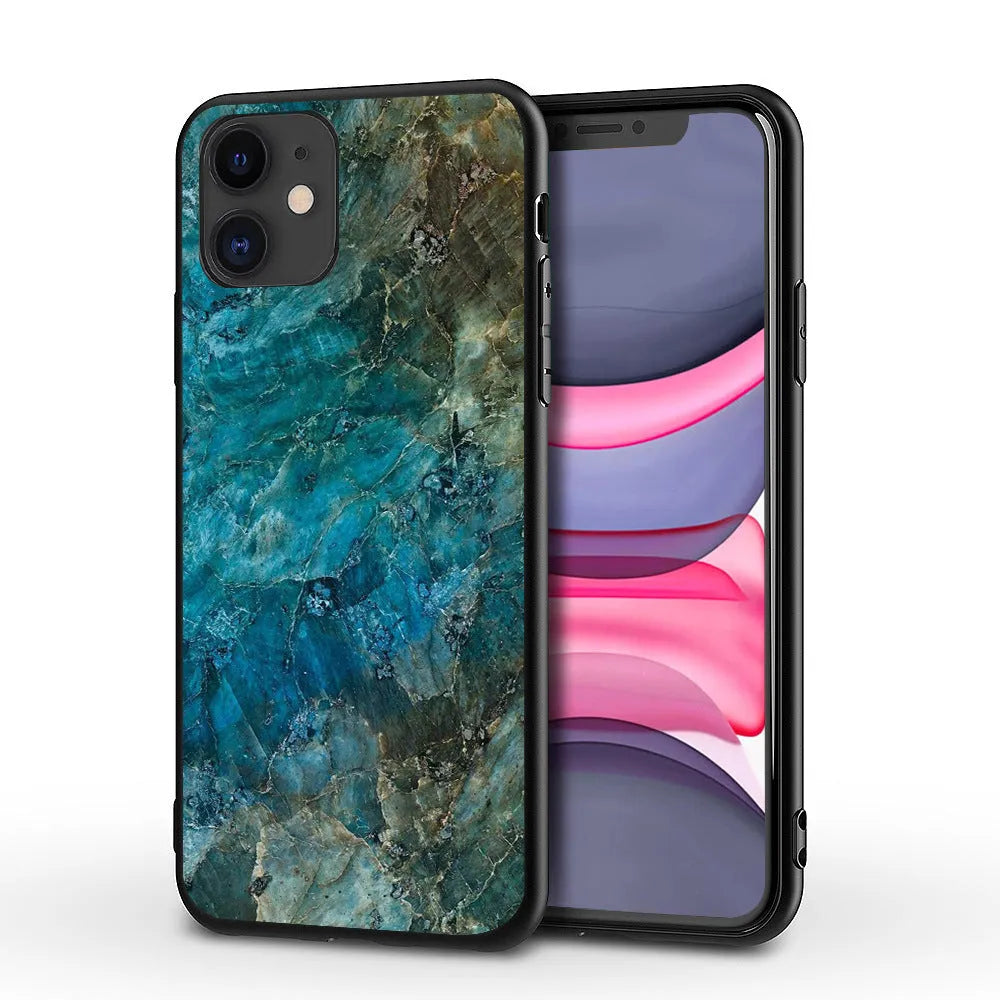 Marble pattern print on a slim black iPhone back cover case showing camera and button cutouts.