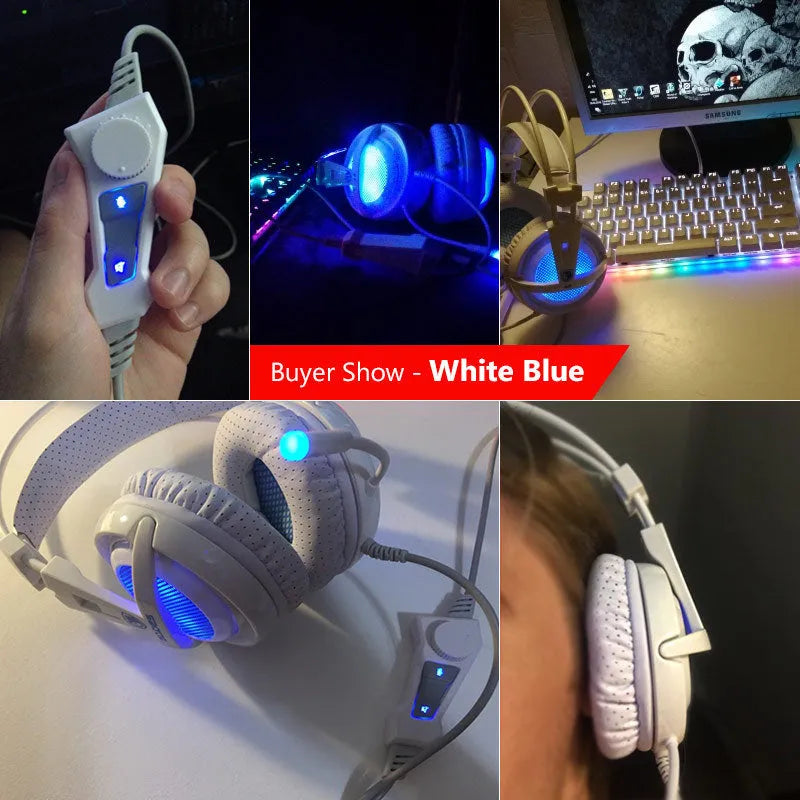 Black and white 7.1 USB gaming headset with LED lights on ear cups and a padded headband.