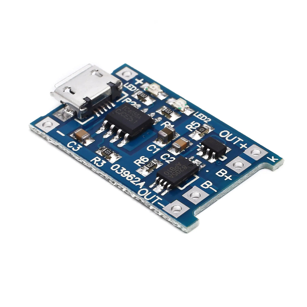 Blue lithium battery charging and protection board measuring 2.6 by 1.7 centimetres