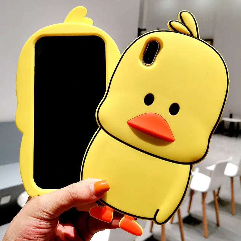 Green and yellow silicone phone cases with cartoon animal designs for Apple iPhones.