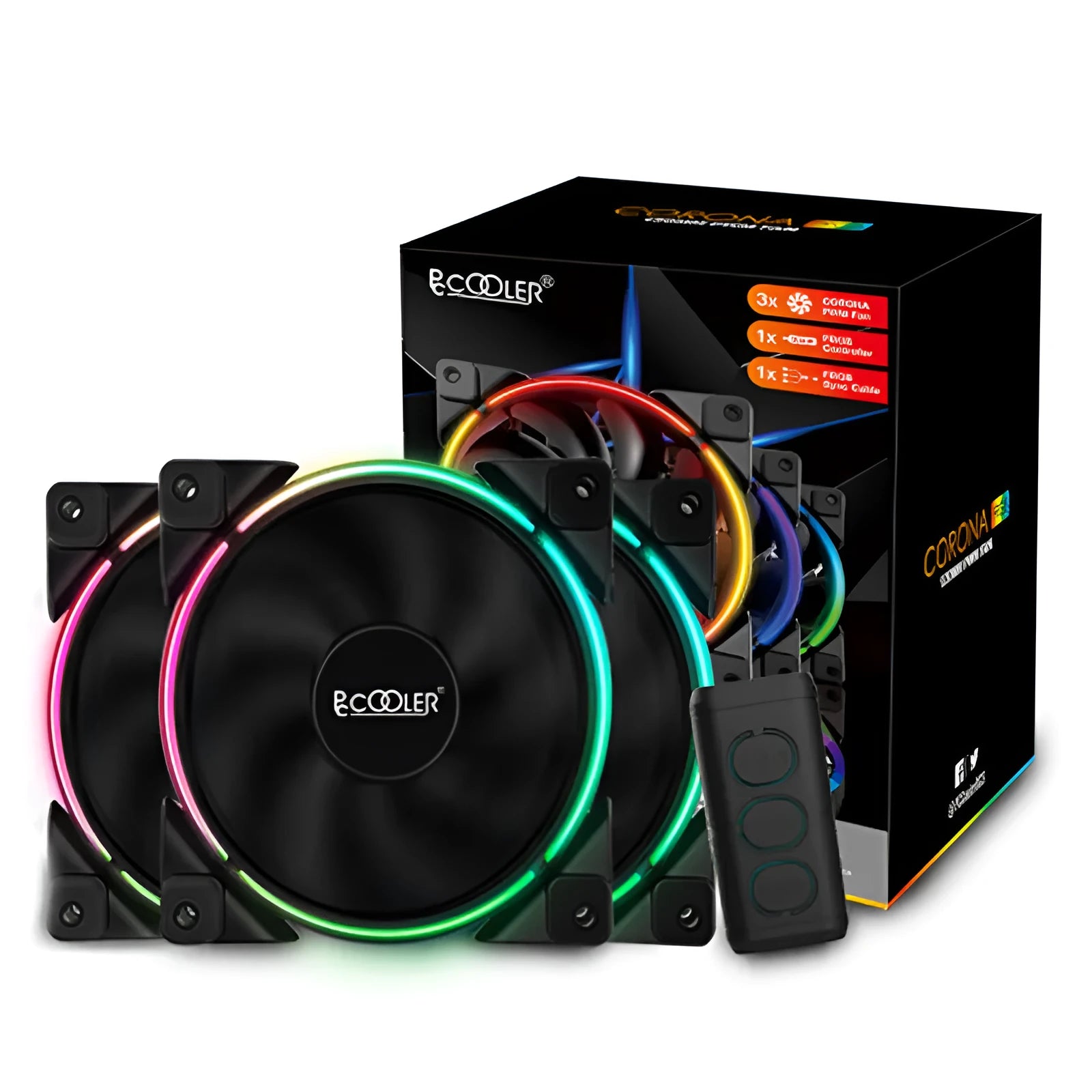 Three black 12cm computer case fans with RGB lights and hydraulic bearings.