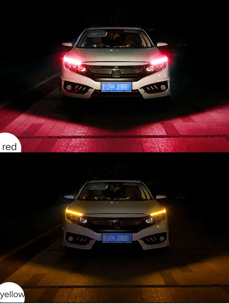 Car LED daytime running light strip with flowing turn signal indicator in silicone housing