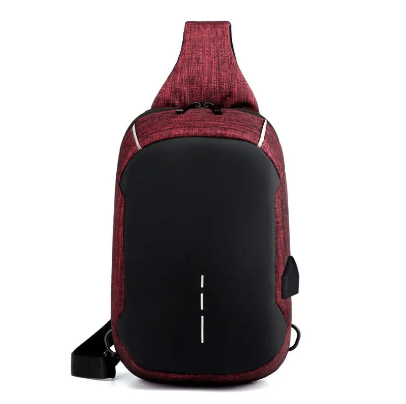 Small square Oxford waterproof chest bag in dark blue with internal phone pocket and single strap