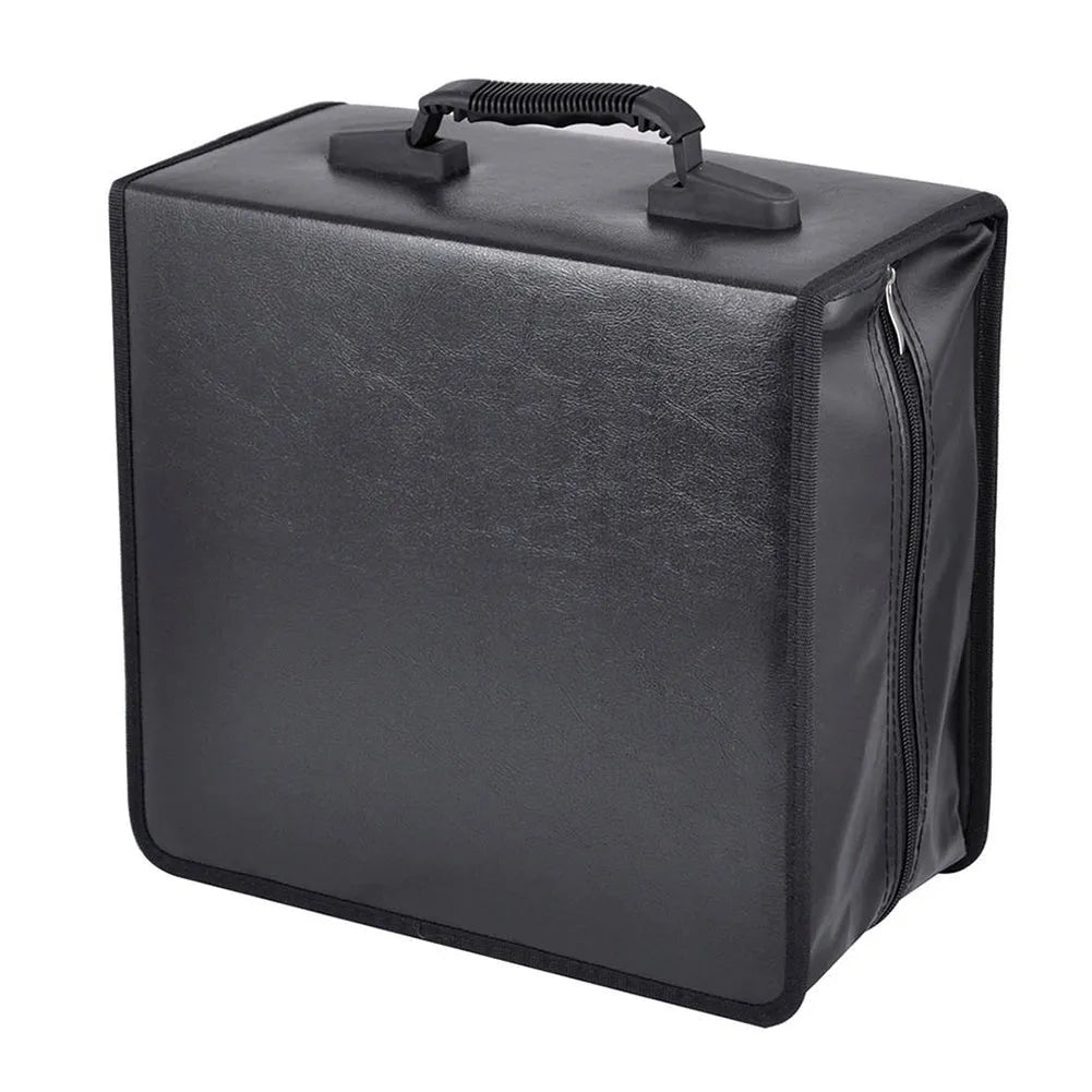Black Oxford fabric CD DVD storage organiser bag with zipper closure and top hand strap.