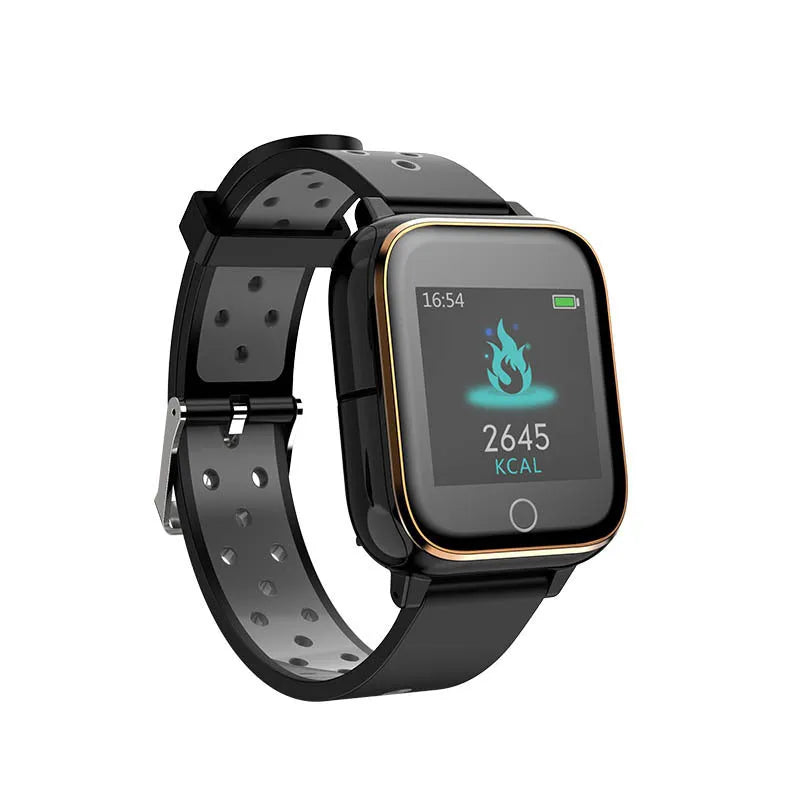 Black smartwatch with built-in Bluetooth earbuds showing heart rate monitoring on 1.4-inch screen