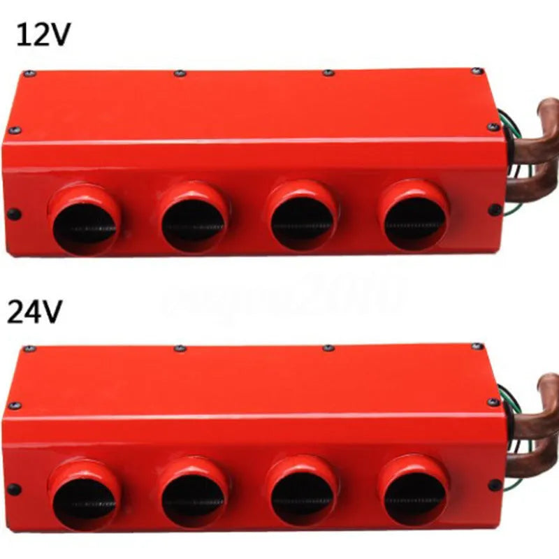 Metal auxiliary car heater with four-hole copper pipe connections for 12V and 24V vehicle installation.