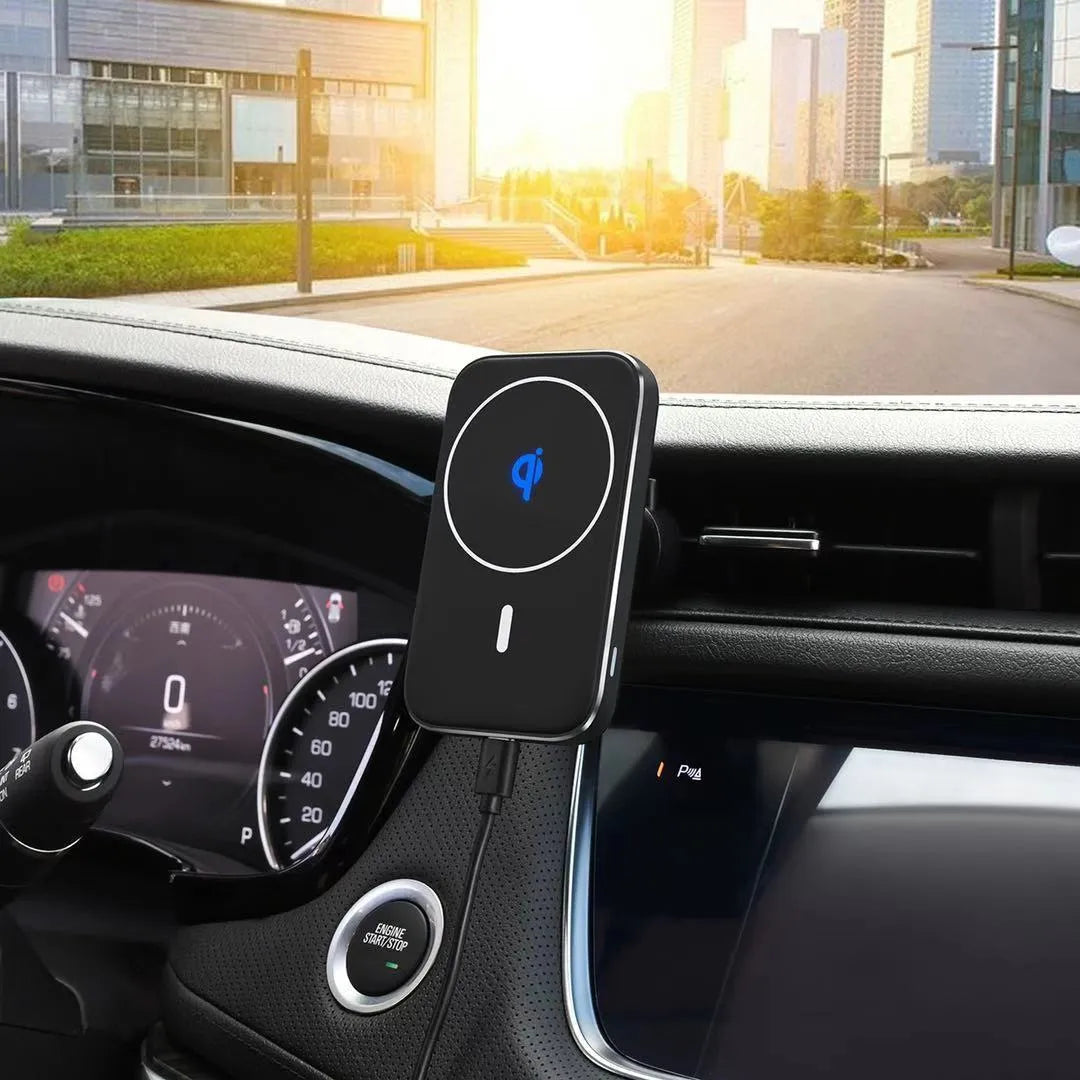 Black M6 magnetic wireless car charging bracket mounted on a car dashboard.