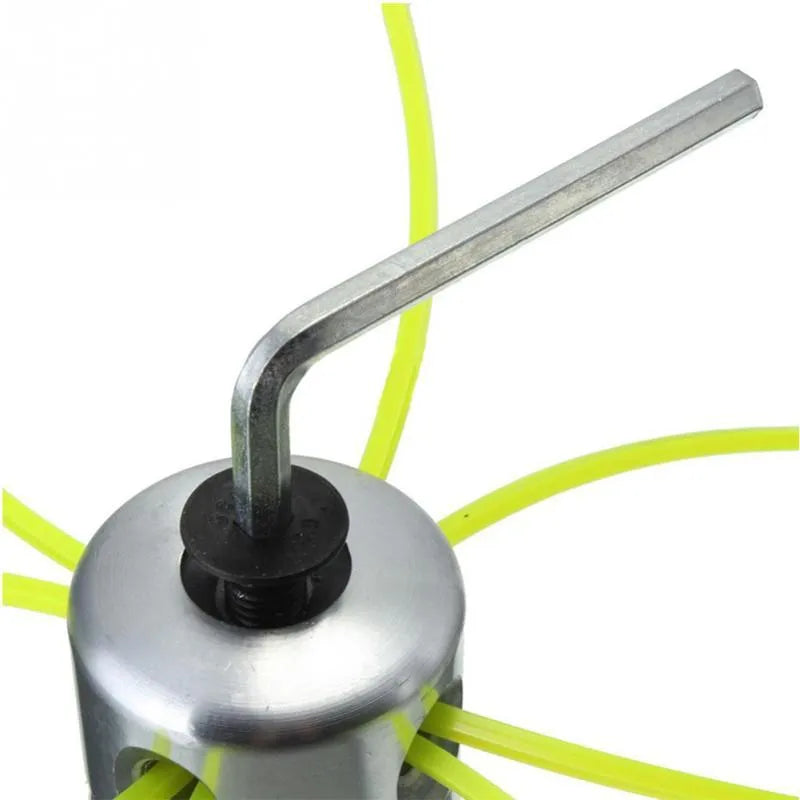 Silver aluminium Luzhu lawn mower grass trimmer head with four light yellow square ropes, wrench, and gasket.