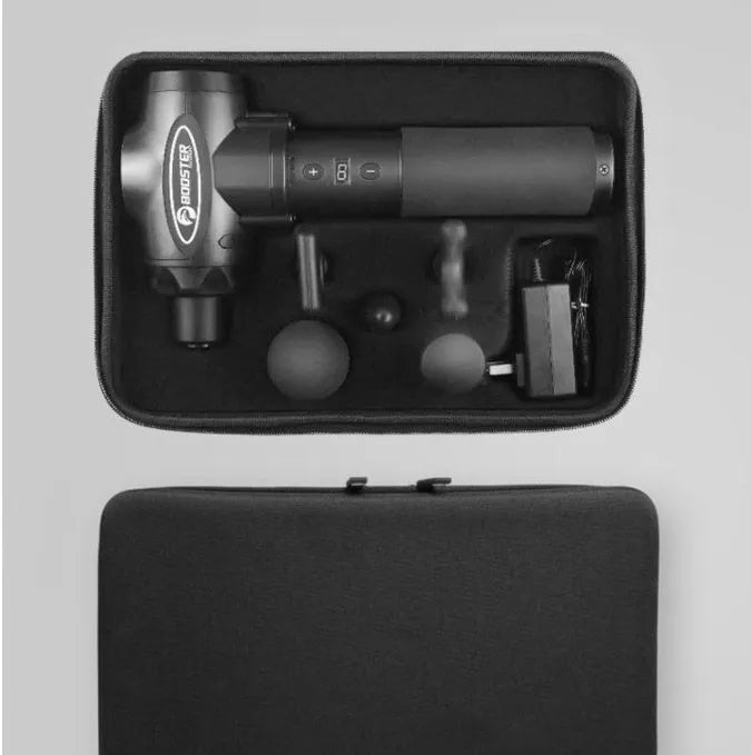 Black and white cordless electric massage gun for muscle relaxation.