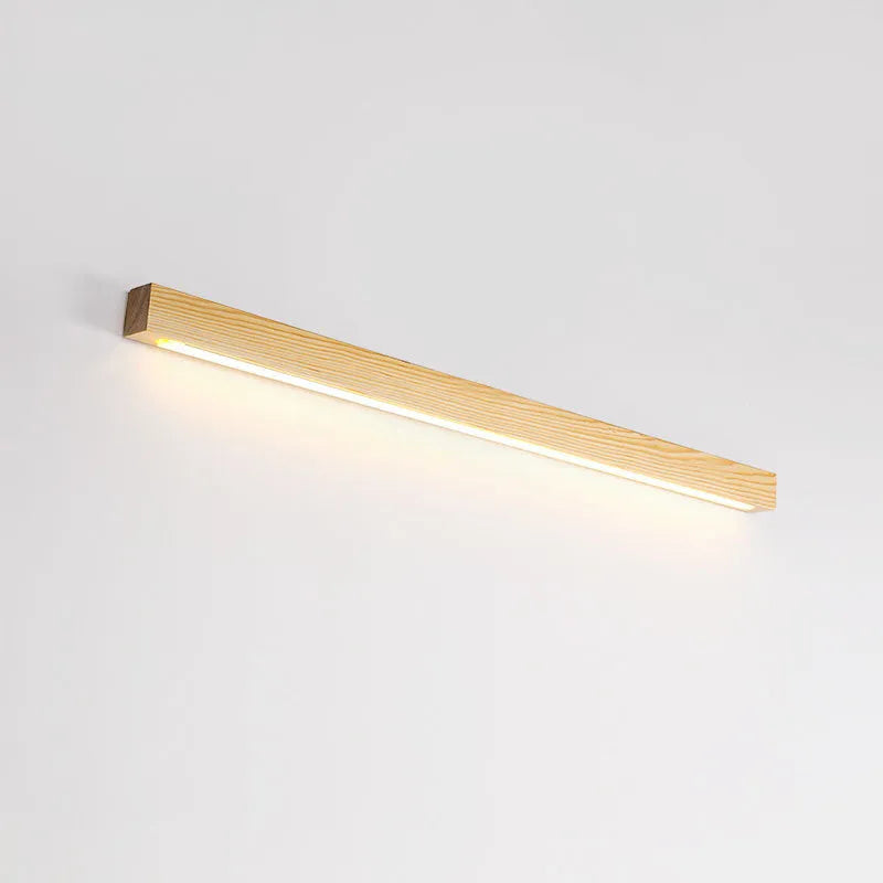 Walnut-coloured wood and acrylic linear LED strip wall lamp in a modern minimalist style.