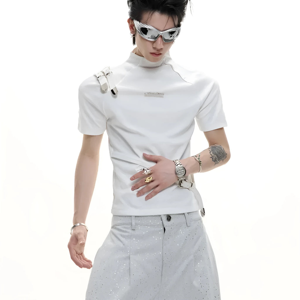 Men's slim fit black cotton T-shirt with a metal belt design on the stand-up collar.