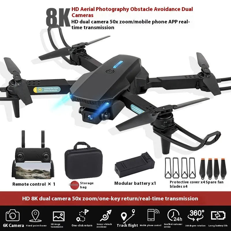 S138 black folding drone with propellers extended, showing its compact size of less than 30cm.