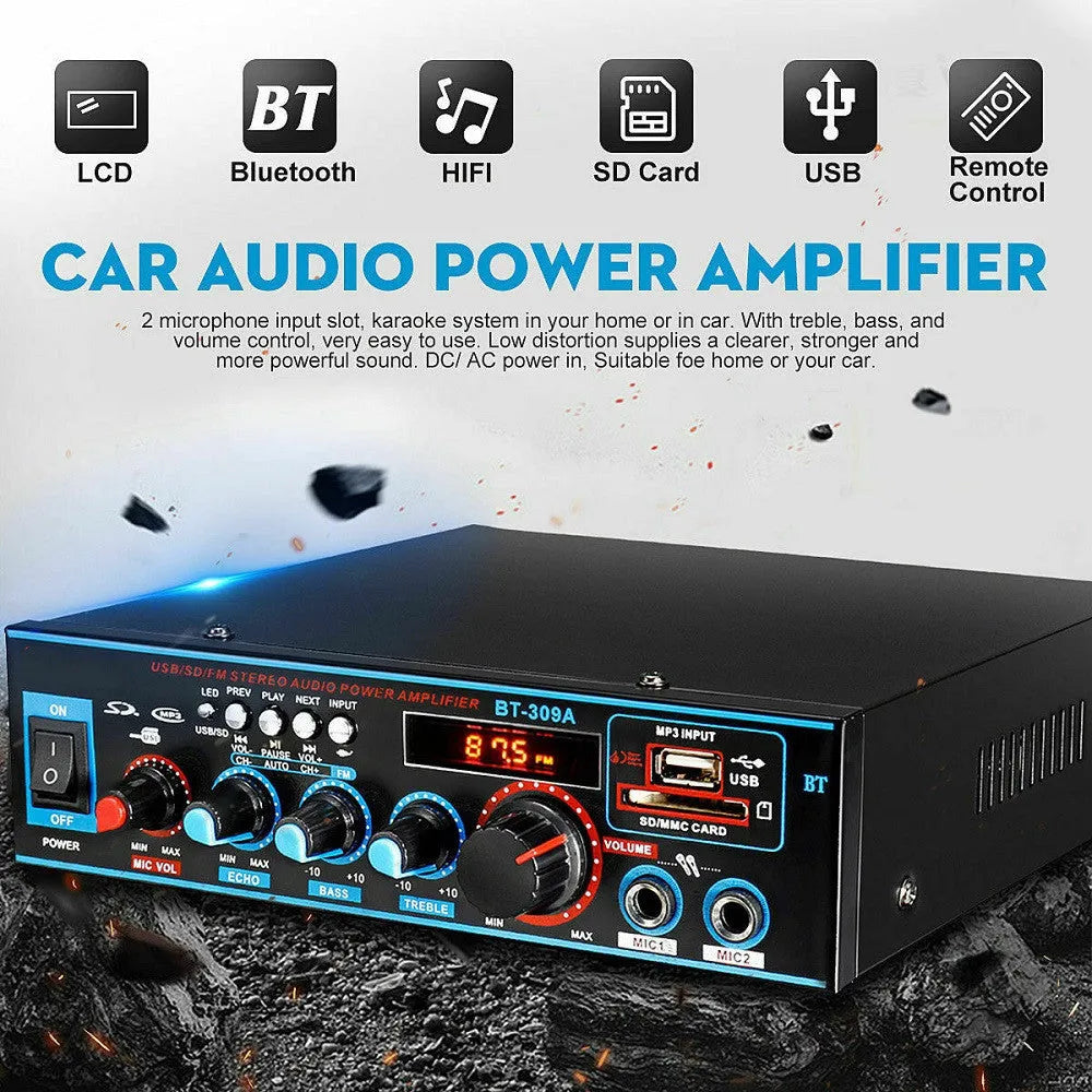 BT-309A-A black Bluetooth power amplifier with recording function for home and car use
