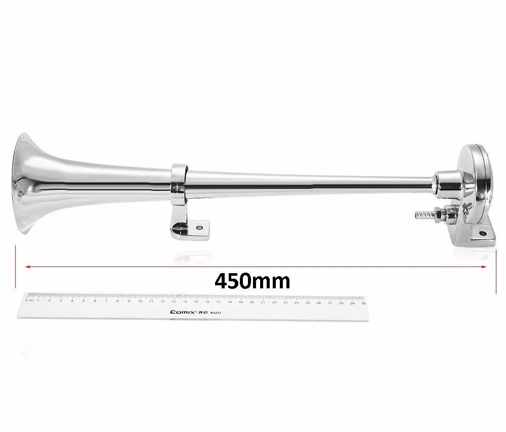 12V Loud Car Horn Single Trumpet No Air System Needed Suitable for Cars Trucks Boats Motorcycles 450mm Length 95mm Bell Chrome Finish Metal Plastic Silver 1.3kg 45x10x9.5cm 92dB 1% Distortion