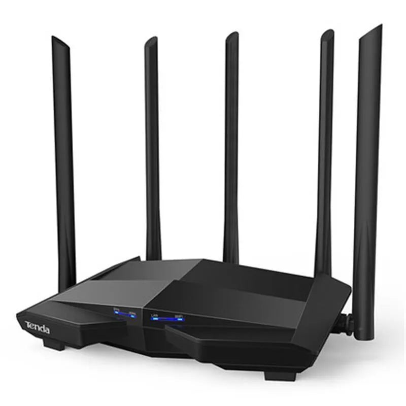 Black AC11 Gigabit Wireless Router showing rear panel with four Gigabit Ethernet ports.