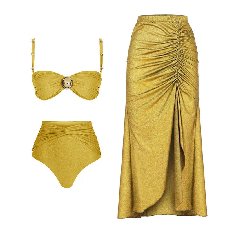 Women's split swimsuit bikini with high waist design in green and yellow colour options