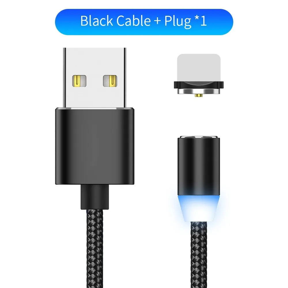Black braided magnetic USB charging cable with LED light and aluminium connector.