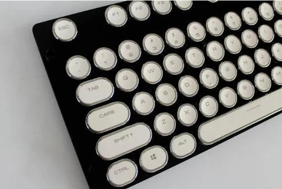 Steampunk style ABS electroplated keycaps with radium carved characters in four colour options Black Blue Pink White