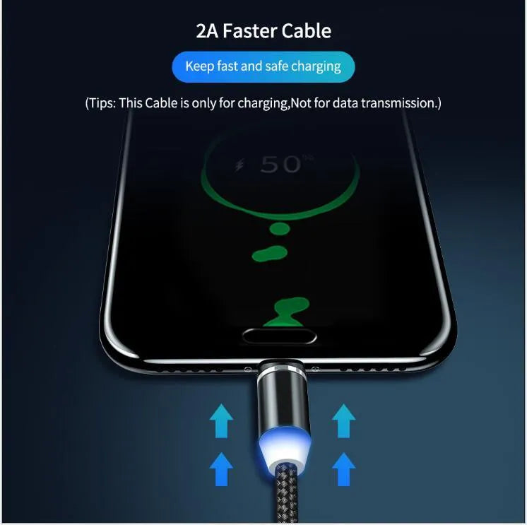 Black braided magnetic USB charging cable with LED light and aluminium connector.