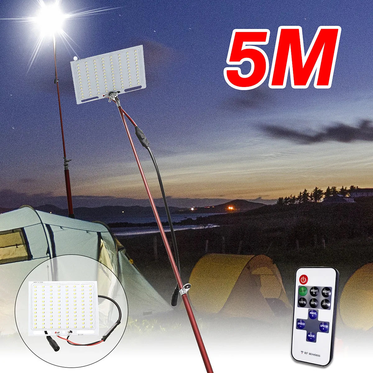 White LED fishing rod light unit on a tall telescopic pole with a remote control, for outdoor night use.