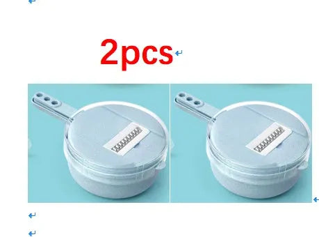 8-in-1 mandoline vegetable slicer with stainless steel blades and blue plastic body on kitchen counter
