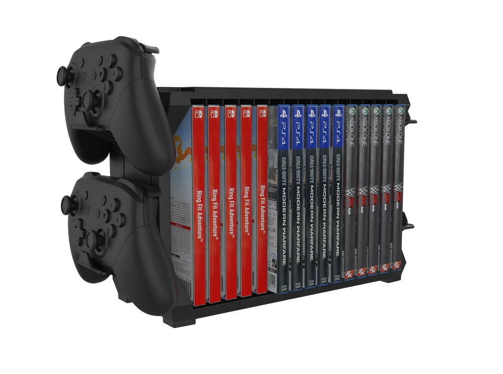 Black PS5 disc holder stand storing game cases and four controllers