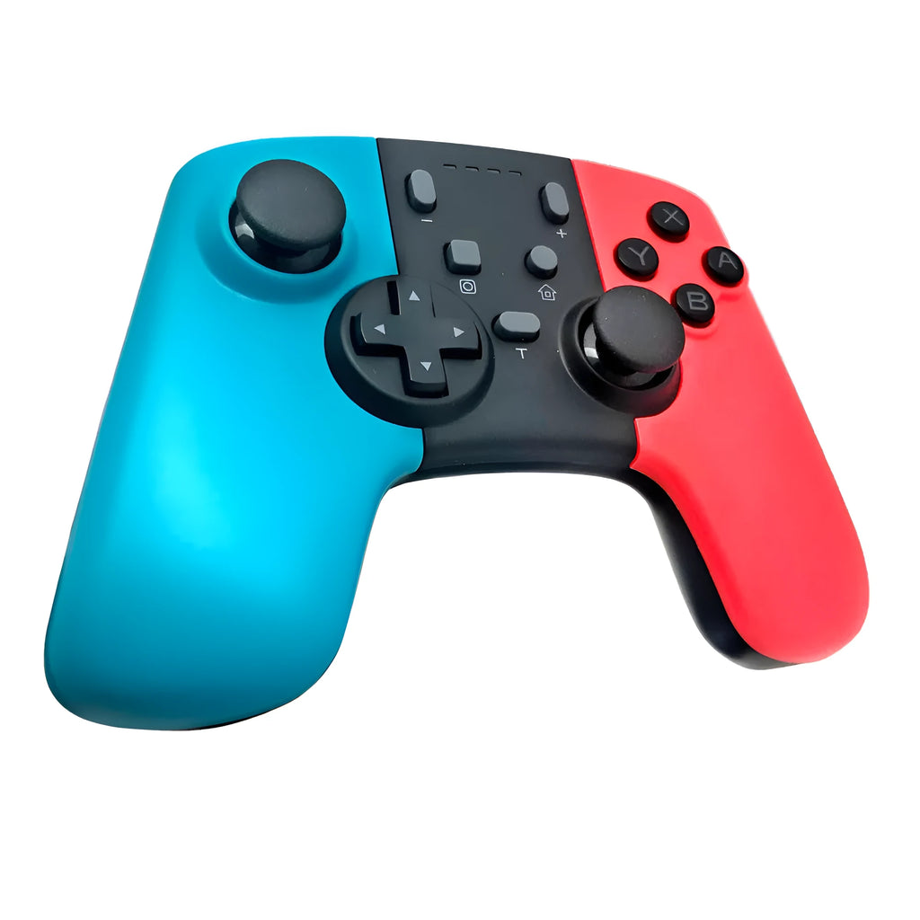 Wireless Bluetooth game controller for Nintendo Switch with analogue sticks and coloured action buttons.