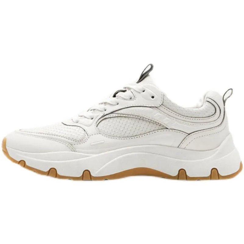 Women's beige first layer cowhide round toe sneakers with thick sole and cross strap detail