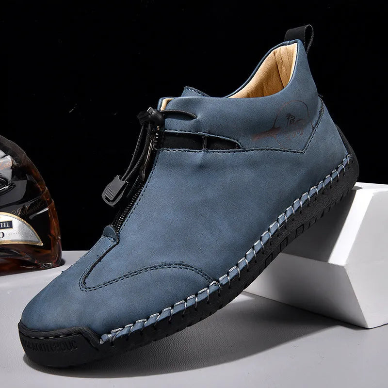 Men's casual leather shoes with round toe and 3-5cm mid-heel in black, blue, green, or khaki