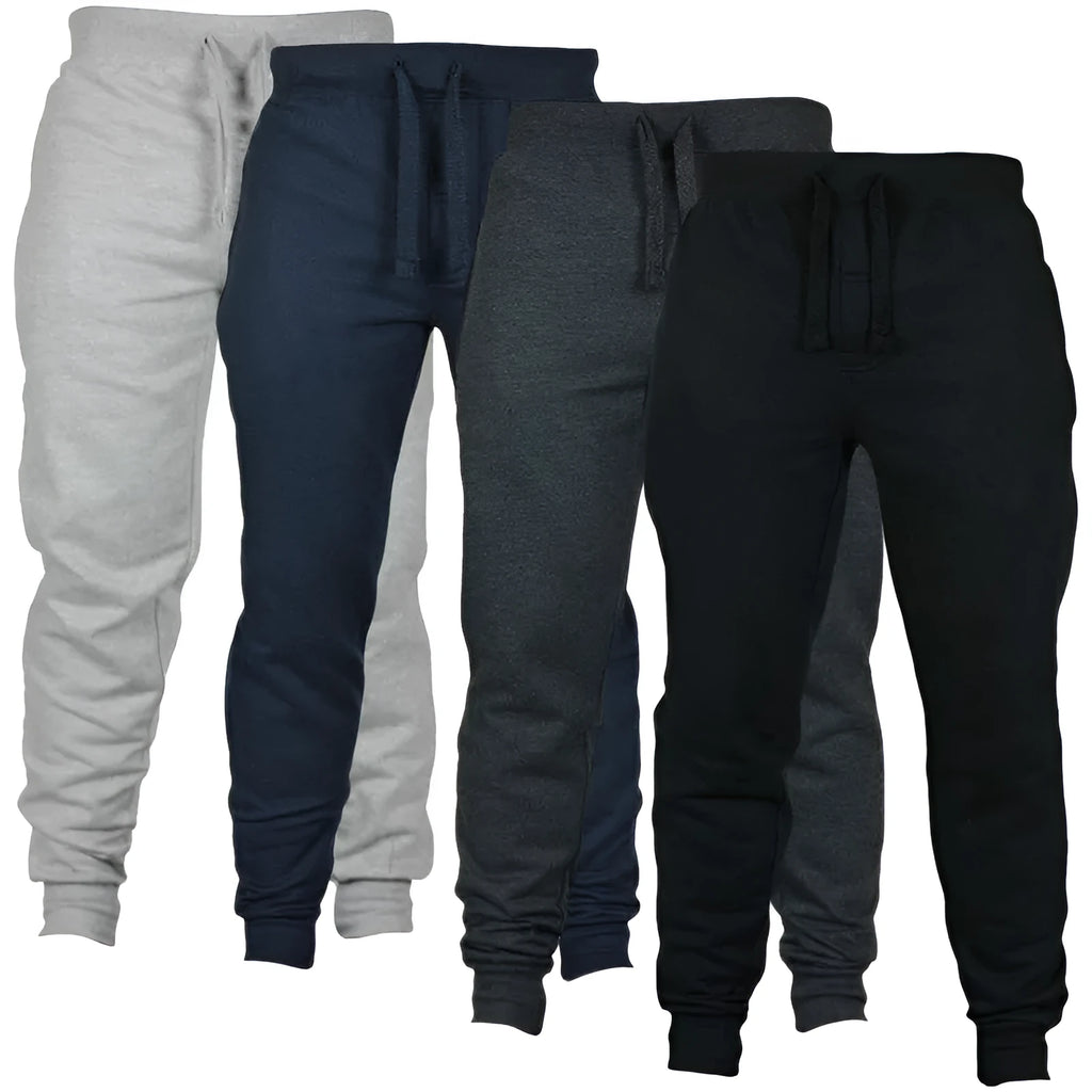 Men's solid colour cotton fleece casual trousers with drawstring waist in loose fit.