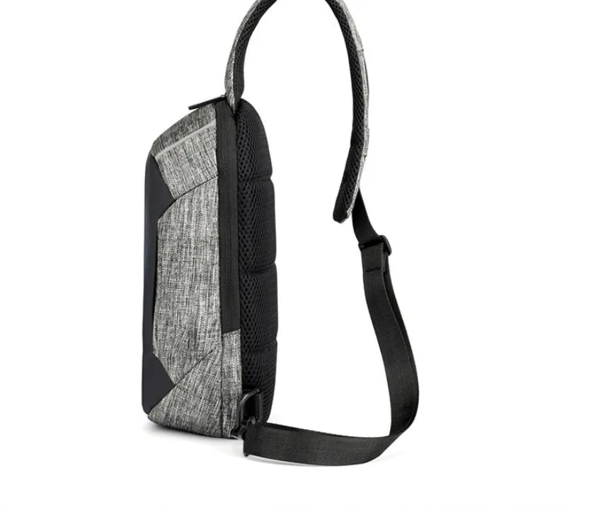 Small square Oxford waterproof chest bag in dark blue with internal phone pocket and single strap
