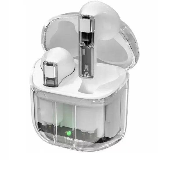Transparent space capsule case showing Jerry chip Bluetooth earphones inside with digital battery display