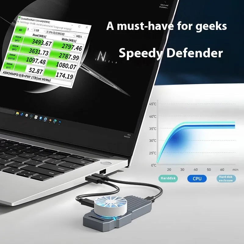 Silver aluminium USB4 external hard drive box for NVMe M2 SSDs with 40Gbps speed
