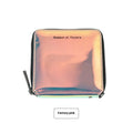 Women's short folding Korean style wallet in PU leather, shown in crystal blue, glitter, and green colours.