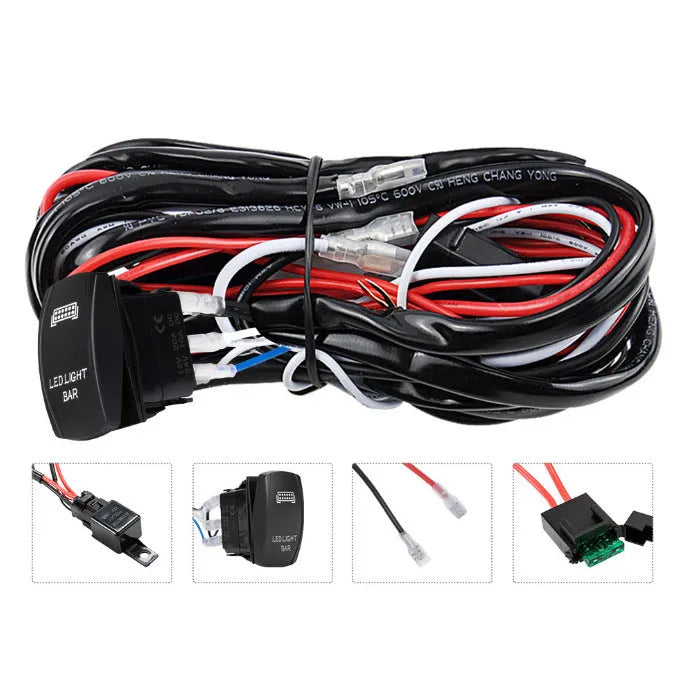 Black off road LED spotlight cable set with 2 metre wire harness and light switch