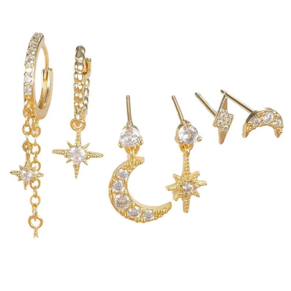 Gold electroplated chain tassel earrings set with six pieces including zircon stud accents