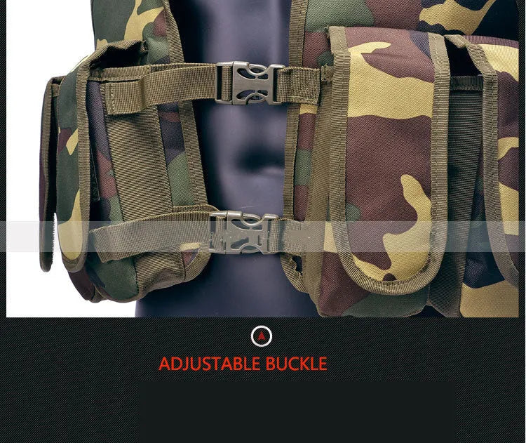 Light tactical vest in military green made from 600D polyester with non detachable hanging bag