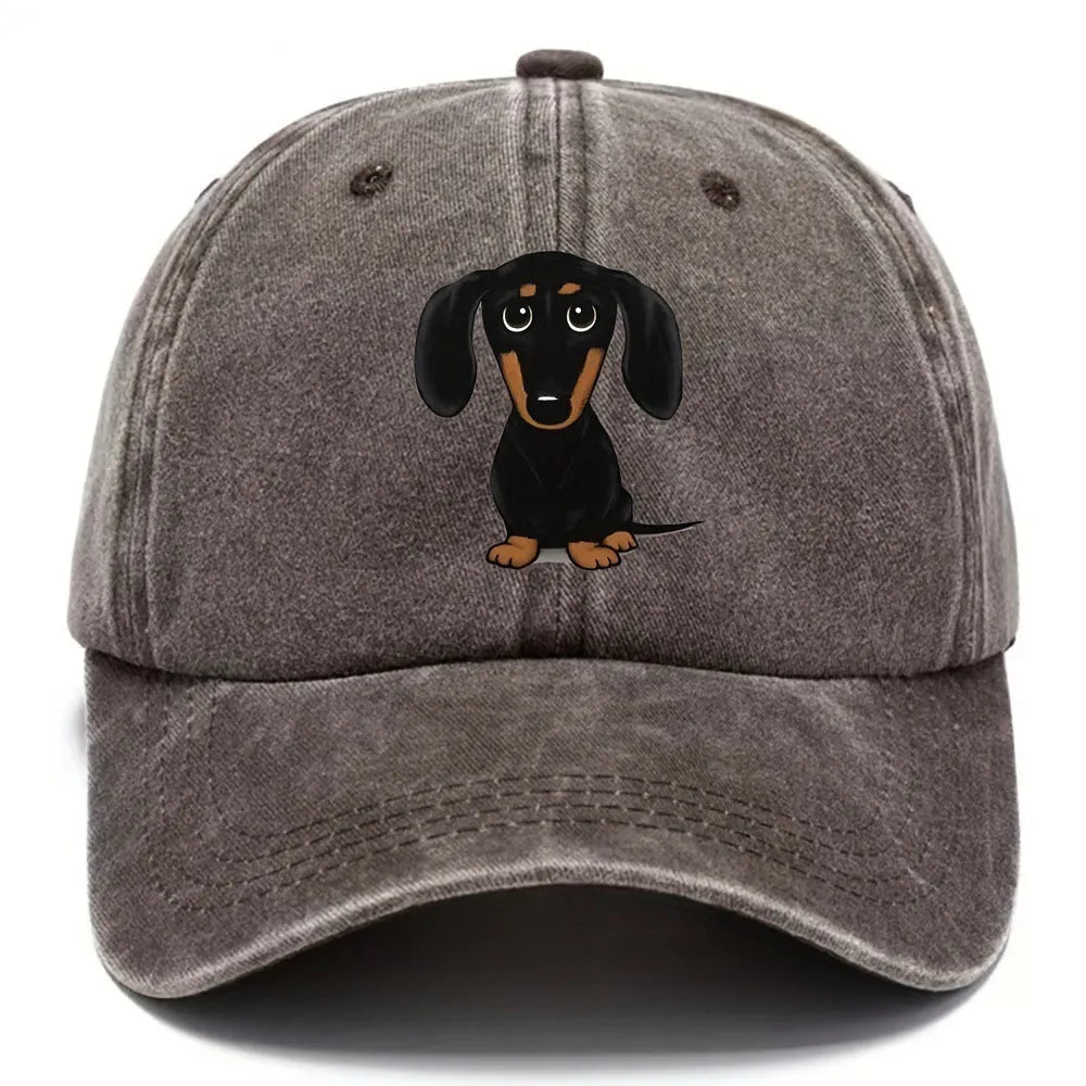 Retro washed cotton baseball cap with a Dachshund print and a peaked brim.