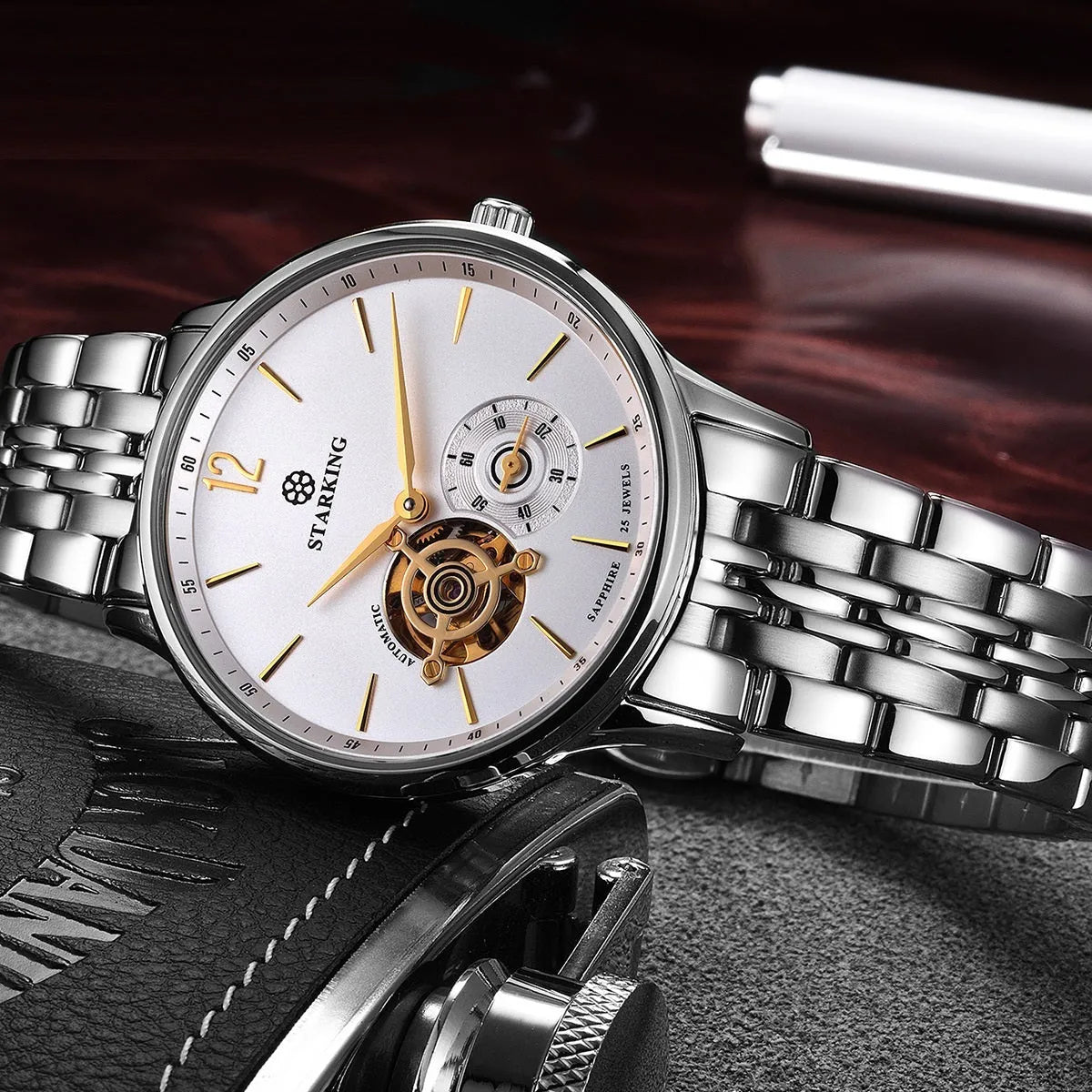 Automatic mechanical men's business watch with hollow three-needle design on brown leather strap