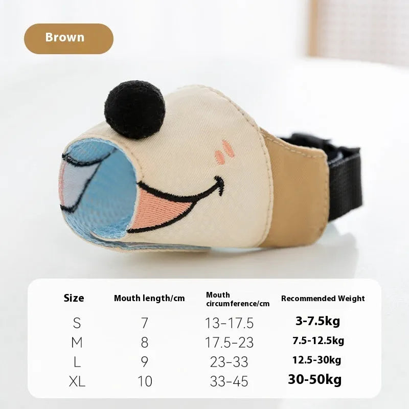 Canvas dog mouth cover muzzle in Ollie Brown Bear colour, shown alongside Bondi Blue Shark option, with sizing guide for small to extra-large dogs.