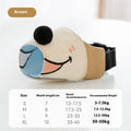 Canvas dog mouth cover muzzle in Ollie Brown Bear colour, shown alongside Bondi Blue Shark option, with sizing guide for small to extra-large dogs.