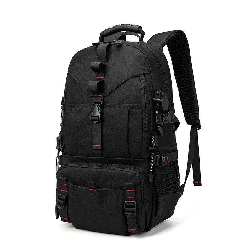 Men's waterproof Oxford cloth hiking backpack in black with multiple compartments and air pillow belt system