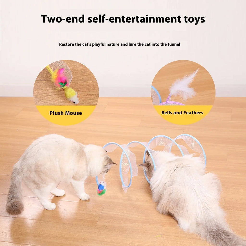 S-type cat tunnel toy with elastic net covering and feather, shown on a floor.
